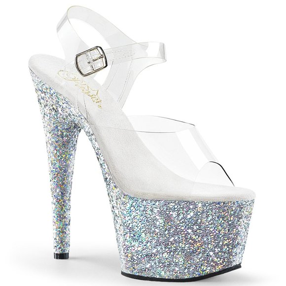 Pleaser Adore 708LG Glitter Platform Heels - Silver - Picture 1 of 5